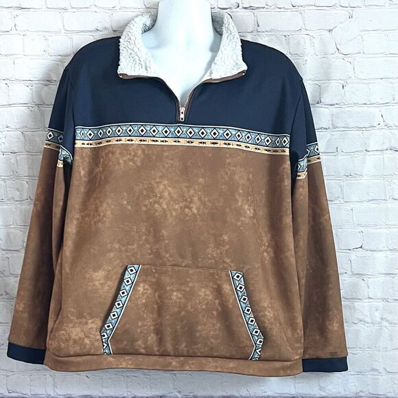Mens XL Quarter Zip Sweatshirt Western Aztec Cowboy Pockets Fur Collared - Picture 5 of 10